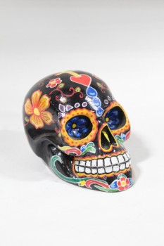 Decorative, Skull, MEXICAN SUGAR SKULL STYLE CALAVERA, DAY OF THE DEAD, PAINTED W/FLOWERS, AGED, RESIN, BLACK