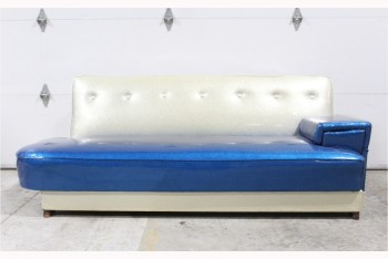 Sofa, Three Seat, 7FT RETRO COUCH, BACK FOLDS DOWN, GLITTER VINYL, WHITE BUTTON TUFTED BACK & BASE, BLUE SEATING AREA & ARM, 1 ARM & 1 ROUNDED END W/O ARM, VINYL, BLUE