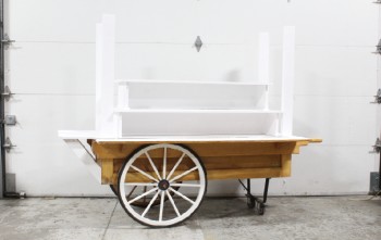 Cart, Vending , PRODUCT OR FLOWER CART, PAINTED WHITE POSTS & SHELVES W/1 FLIP DOWN, UNSTAINED LOWER FRAME W/2 PULL HANDLES, 2 LARGE WHEELS, CANOPY AVAILABLE - Condition May Not Be Identical To Photo If Altered By Productions. This Item Is Allowed To Be Customized., WOOD, BROWN