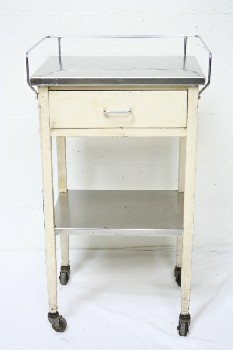 Table, Bedside, HOSPITAL, EQUIPMENT / INSTRUMENT / SUPPLY CART, VINTAGE, 1 DRAWER W/LOWER SHELF, STAINLESS STEEL TOP, ROLLING, METAL, OFFWHITE