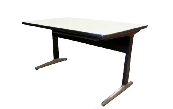Desk, Misc, MID CENTURY MODERN TABLE DESK, GEORGE NELSON FOR HERMAN MILLER, CHROME FEET, WOOD LAMINATE TOP, 1 PLASTIC PENCIL DRAWER, AGED, METAL, WHITE