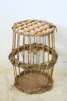 Cage, Wood, CYLINDRICAL,WOOD BARS,THIN SLAT LATTICE LID W/LEATHER TIE, STRAW WRAPPED CENTRE, RUSTIC, AGED, WOOD, NATURAL