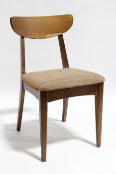 Chair, Dining, VINTAGE, ROUNDED BACK REST, STRIPED PATTERN ON FABRIC SEAT, LARGE CHIP ON SEAT BACK, WOOD, BROWN