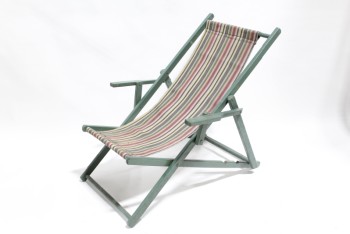 Chair, Folding, VINTAGE, OUTDOOR/BEACH, FOLDING GREEN WOOD FRAME W/ARMS, STRIPED CANVAS SEAT - Measurements As Shown In Photo, WOOD, GREEN
