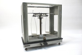 Medical, Equipment, LAB INSTRUMENT, ANALYTICAL BALANCE SCALE W/CLEAR CHAMBER, 2 HANGING TRAYS, VINTAGE, METAL, GREY