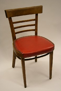 Chair, Restaurant, BURGUNDY/RED VINYL SEAT,3 SLAT BACK,TACK TRIM, WOOD, BROWN