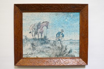 Wall Dec, Misc, CLEARABLE, VINTAGE COWBOY / WESTERN / HORSE COMPLETED FRAMED JIGSAW PUZZLE, WOOD, MULTI-COLORED