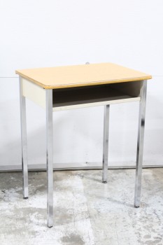 Desk, Student, SCHOOL/STUDENT,LIGHT COLOURED LAMINATE DESK TOP W/CUBBY, REFLECTIVE METAL LEGS - Condition/Chipped Areas Slightly Different On All Desks , METAL, BROWN
