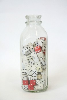 Decorative, Bottle, FILLED 3/4 FULL W/DICE,CORK LID, GLASS, MULTI-COLORED