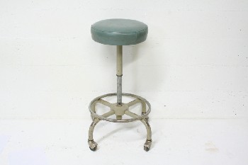 Stool, Round, MEDICAL, HOSPITAL, LAB, ROUND SEAT, OLD STYLE, ROLLING, METAL, BLUE