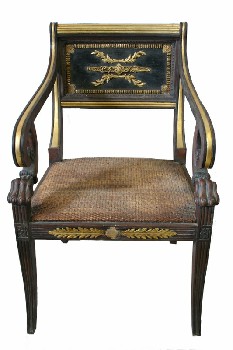 Chair, Misc, REGENCY STYLE, VINTAGE, GOLD COLOURED TRIM, EMBELLISHED SEAT BACK, CARVED CLAW & SCROLLED ARMS, WICKER/WOVEN SEAT, WOOD, BROWN