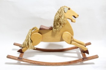 Toy, Animal, ROCKING HORSE, ROPE MANE, HEAD TILTED, MOUTH OPEN, WOOD, BROWN