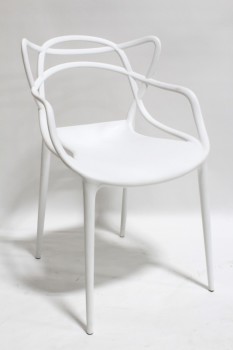 Chair, Stackable, MODERN SIDE CHAIR W/ARMS, BACKREST MADE OF CURVED LINES, PLASTIC, WHITE