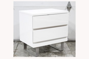 Table, Side, BEDSIDE / NIGHTSTAND, 2 DRAWERS, GLOSSY, GREY METAL CONNECTED LEGS, LACQUER, WHITE