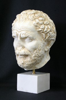 Statuary, Bust, MAN, NOSE MISSING, ANTIQUE FINISH, SQUARE BASE, ANCIENT GREEK/ROMAN STYLE, MUSEUM RELIC/REPLICA, PLASTER, OFFWHITE