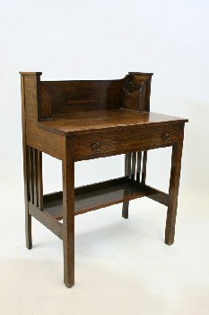 Desk, Wood, 1 DRAWER W/RINGED PULLS, SPINDLE SIDES, LETTER SLOTS, ANTIQUE, WOOD, BROWN