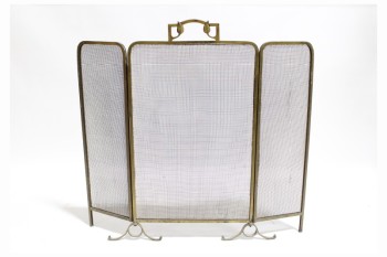 Fireplace, Screen, FIRE GUARD, 3 MESH PANELS, 1 HANDLE, LEAF DESIGN, CURLED FEET, AGED, METAL, BRASS