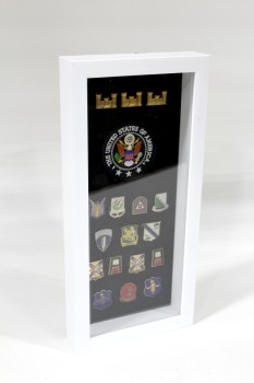 Wall Dec, Shadow Box, CLEARED, 3 IDENTICAL BRASS PINS, ROUND "THE UNITED STATES OF AMERICA" PATCH W/EAGLE, ASSORTED PINS, ARMY, MILITARY, SOLDIER, INSIGNIA DISPLAY, WHITE FRAME & BLACK BACKING, METAL, WHITE