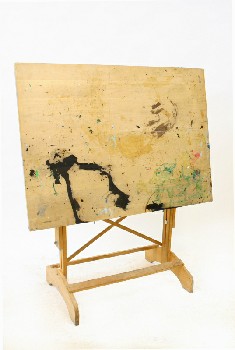 Table, Drawing, DRAFTING/ARTIST'S DRAWING BOARD, ADJUSTABLE, TILTED SURFACE, PAINT DRIPS, WOOD, BROWN
