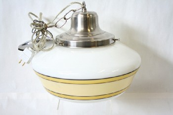 Lighting, Hanging, SCHOOLHOUSE PENDANT LAMP W/GOLD STRIPE, BRUSHED CEILING MOUNT & CHAIN , GLASS, WHITE