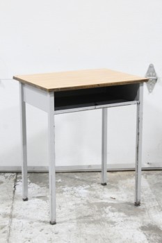 Desk, Student, SCHOOL/STUDENT,LIGHT COLOURED LAMINATE DESK TOP W/CUBBY, GREY METAL LEGS - Condition/Chipped Areas Slightly Different On All Desks , METAL, GREY