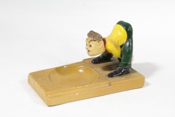 Decorative, Sports, VINTAGE ANGRY GUY BENDING OVER BOWLING, HOLDER W/DIVOT , MULTI-COLORED