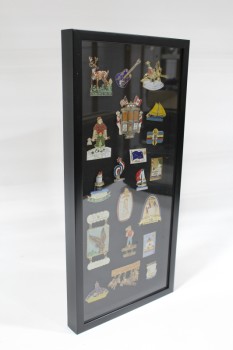 Wall Dec, Collection, CLEARABLE, DISPLAY OF ASSORTED VINTAGE WORLD TRAVEL PINS, BLACK FRAME & BACKING, WOOD, BLACK