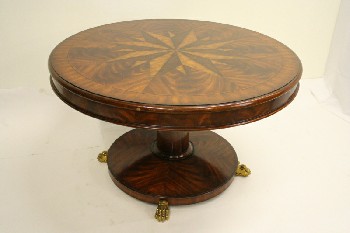 Table, Dining, MAHOGANY, STAINED, ROUND TOP W/STAR PATTERN INLAID, PEDESTAL BASE W/ BRASS PAW FEET, ANTIQUE, WOOD, BROWN