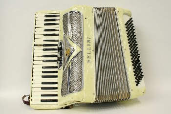 Music, Accordion, SILVER METAL ACCENTS, W/LEATHER STRAP, PLASTIC, OFFWHITE