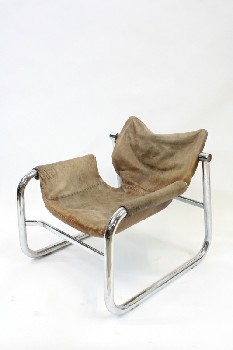 Chair, Lounge, MID CENTURY, TUBULAR CHROME FRAME, LOW DISTRESSED LEATHER SLING SEAT, 