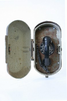 Phone, Outdoor, VINTAGE OUTDOOR ROTARY TELEPHONE W/RECEIVER, OVAL SHAPED WALLMOUNT CASE W/HINGED DOOR, METAL, BLACK