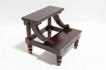 Stool, Stepstool, TWO LEVEL BED STEP, SCROLLED ACCENTS, TURNED LEGS , WOOD, BROWN