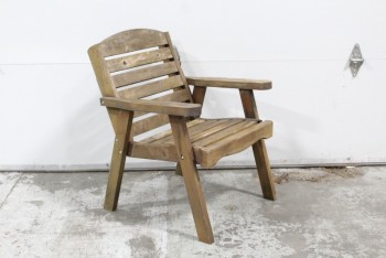 Chair, Rustic , SPACED WOOD SLATS,ARMCHAIR, ROUNDED TOP, OUTDOOR/GARDEN/PATIO, SLIGHTLY AGED , WOOD, BROWN