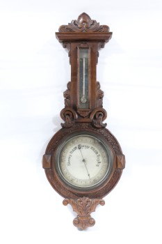 Science/Nature, Barometer, ANTIQUE, CARVED WOOD, BAROMETER / THERMOMETER, WALLMOUNT, 