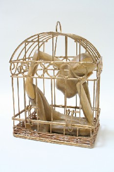 Decorative, Figurine, NATURAL WOOD ABSTRACT FIGURE IN WIRE CAGE, METAL, GOLD