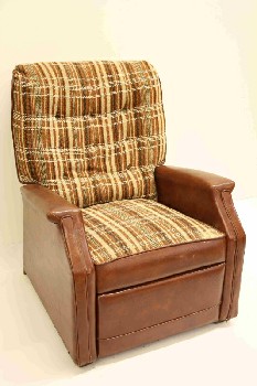Chair, Recliner, BROWN PLAID FABRIC SEAT & BACK, BUTTON TUFTED, VINTAGE, USED, VINYL, BROWN