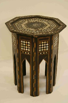 Table, Side, OCTAGON SHAPE, INLAID WOOD/SHELL, CARVED, WOOD, BLACK
