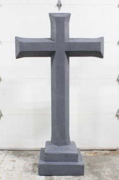 Tombstone, Cross, BEVELED EDGES,2 STEP BASE , WOOD, GREY