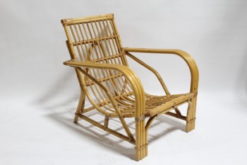 Chair, Rattan, LOUNGE, ROUNDED ARMS, RATTAN, CURVED ARMS, WRAPPED FRAME, REMOVEABLE GREEN CUSHION, WOOD, BROWN