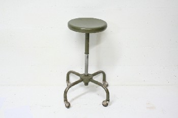 Stool, Round, MEDICAL, HOSPITAL, LAB, ROUND SEAT, OLD STYLE, ROLLING, AGED, METAL, GREEN