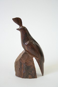 Decorative, Bird, W/HEAD FEATHERS,SMOOTH ON CARVED STUMP, WOOD, BROWN