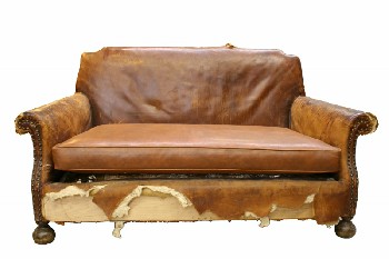 Sofa, Loveseat, ANTIQUE,ROLL ARM,TACK TRIM,RIPPED,WORN, COMING UNSTUFFED, WATER DAMAGED,EXPOSED BURLAP & SPRINGS, AGED (Stock Photo Only, Condition Not Identical), LEATHER, BROWN