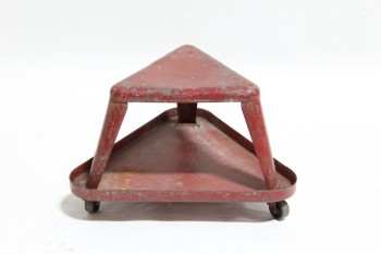 Stool, Misc, WORK OR AUTO SHOP STOOL, MECHANIC'S CREEPER, TRIANGULAR, VINTAGE, INDUSTRIAL, 3 WHEELS, AGED, USED, METAL, RED