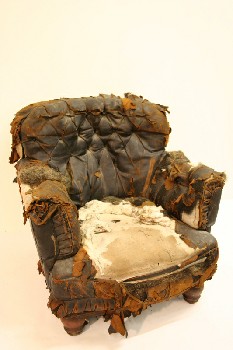 Chair, Armchair, EASY CHAIR, BUTTON TUFTED BACK, RIPPED, AGED, DISTRESSED, LEATHER, BLACK