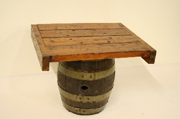 Table, Misc, WOOD SLAT TOP BOLTED TO BARREL BASE, WOOD, BROWN