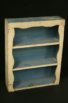 Shelf, Wallmount, 3 LEVELS, CURVY FRAME, BLUE INTERIOR, VINTAGE, WOOD, OFFWHITE