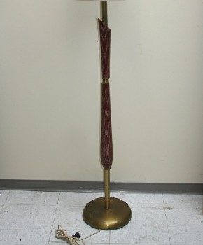 Lighting, Floor Lamp, VINTAGE, BRASS & WOOD POLE, ROUND BRASS BASE - Shade Not Included, WOOD, BURGUNDY