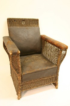 Chair, Armchair, ANTIQUE, VICTORIAN STYLE, WICKER FRAME, DISTRESSED, LEATHER, BROWN