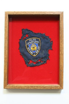 Wall Dec, Shadow Box, CLEARABLE, TORN NEW YORK POLICE DEPT PATCH ON RED BACKING, NYPD, WOOD, BROWN