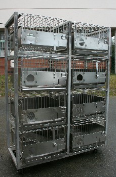 Cage, Laboratory, UNIT W/8 MEDIUM SIZED LAB ANIMAL CAGES, ROLLING , STAINLESS STEEL, SILVER